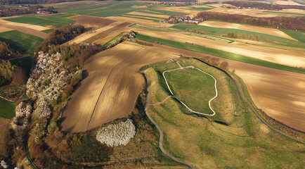 Grodzisko Stradów pośród malowniczych pól Ponidzia w województwie Świętokrzyskim Poland © Mariusz