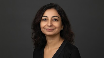 Obraz premium Portrait of a smiling woman with dark hair against a gray background professional headshot face calm