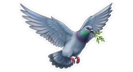 Fototapeta premium Pixelated Gray Pigeon Flying with Olive Branch Isolated on White Background