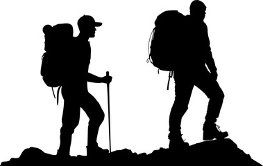 Vektor Silhouette Körper Design Element - Zwei Bergsteiger Wanderer auf dem Gipfel - Berge und Felsen - Outdoor Abenteuer - Ziel erreicht