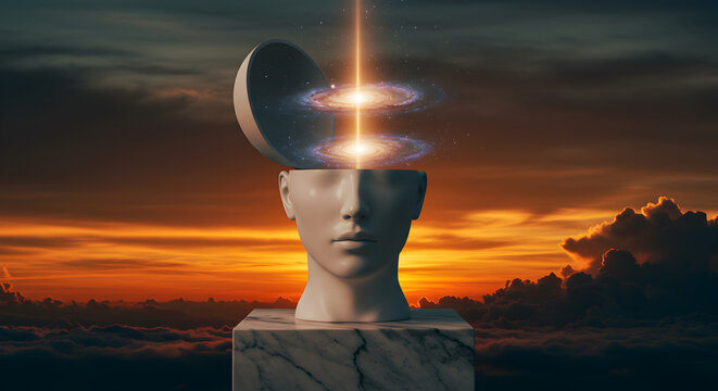 Pixelated Head Sculpture with Open Skull Revealing Galaxy in Dramatic Sunset Sky