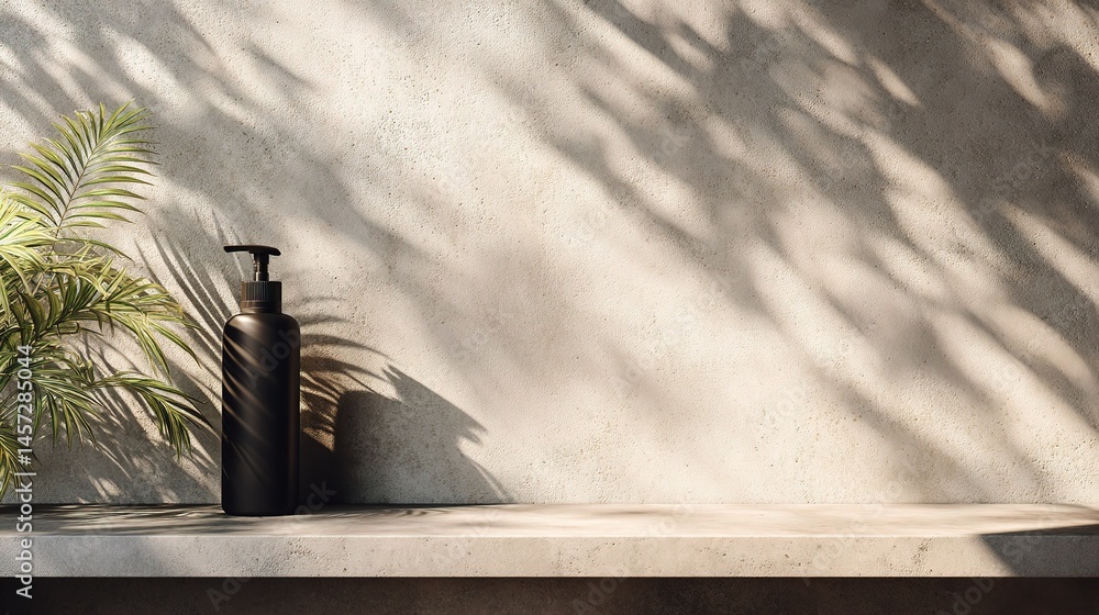 Poster empty podium with leafy shadows and sunlight in elegant setting