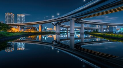 Fototapeta premium Elevated highways and city buildings reflected in calm dark waters at night