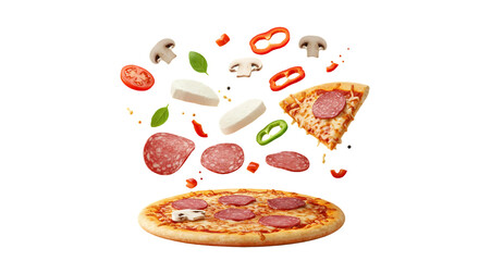 Dynamic composition of levitating pizza toppings isolated on transparent background for food design use