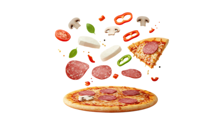 Dynamic composition of levitating pizza toppings isolated on transparent background for food design use