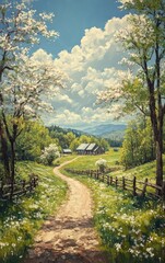 Springtime farm road, blossoming trees, mountains