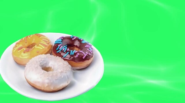 Donuts with various toppings served warm with a green screen, very suitable for video elements for donut shop, cafe, restaurant and cake shop promotions.  Generative AI