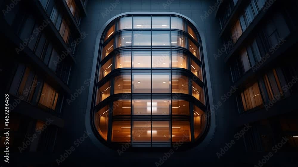 Poster modern architectural structure at dusk with illuminated windows showcasing sleek design and urban at