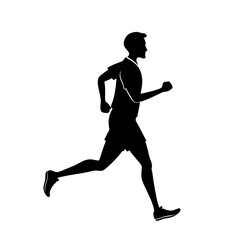 Silhouette of young caucasian male running midstride on white background