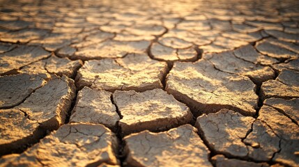 Cracked and sunlit dried earth showing patterns of dehydration in detail