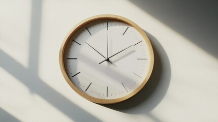 A simple wooden framed clock hanging on a white wall