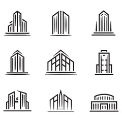 Fototapeta premium Modern Real Estate Building Icons Set, Minimalist Urban Architecture Logos