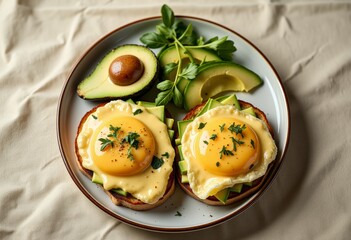 Fresh Eggs Benedict Served with Avocado and Greens  