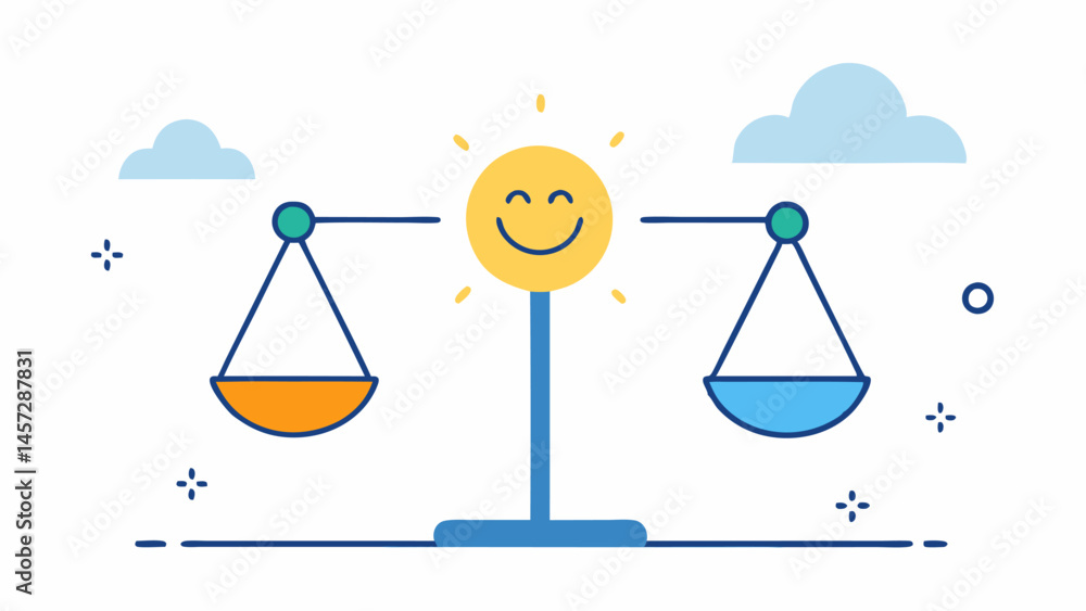 Poster balancing scale an illustration of a scale with a happy face on one side and various life event icon