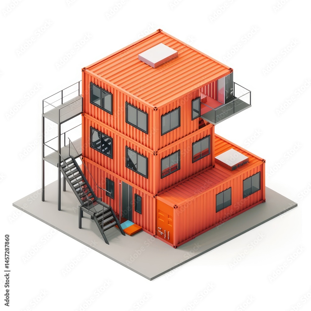 Poster multi-story container home design in isometric view.