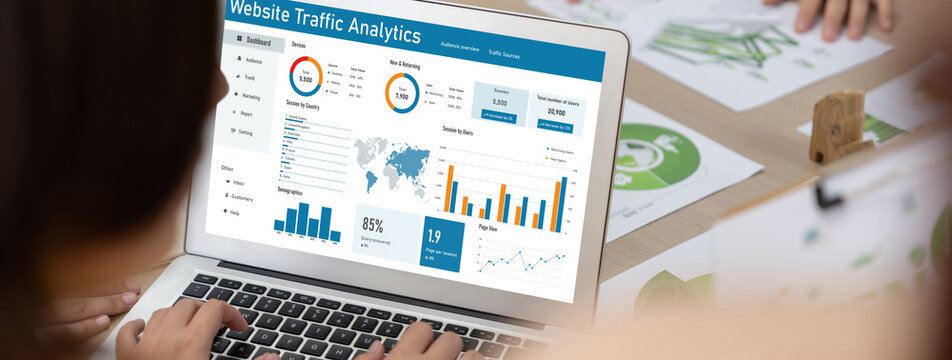 Computer software for website traffic analytics data on computer screen. Concept of SEO search engine optimization and customer targeting for online business brisk