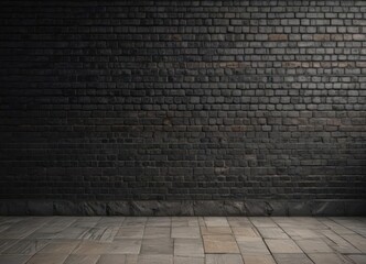 Fototapeta premium Black brick wall, deep shadows, rough texture, aged mortar, city, worn, dramatic