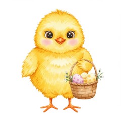 Obraz premium Adorable Yellow Fluffy Chick Holding Easter Basket