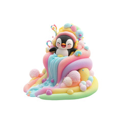 Fototapeta premium Adorable Penguin in Rainbow Slime Waterfall - Cute Cartoon Character in Pastel Candyland
