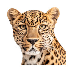Intense portrait of a leopard with striking eyes and spotted fur, cut out - stock png.