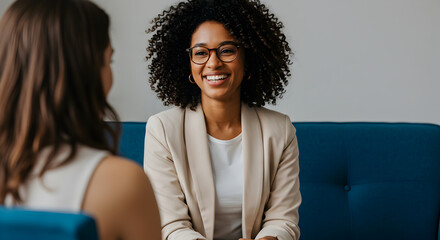 Smiling African American Woman in Beige Blazer Engages in Brightly Lit Conversation on Blue Sofa