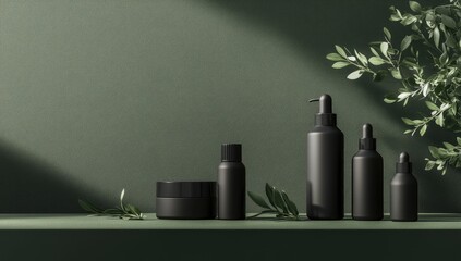 Dark cosmetic bottles and jar on a shelf,  with greenery