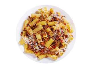 plate of pasta rigatoni bolognese isolated on transparent background, top view