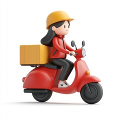Animated delivery woman on a red scooter.