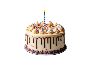 birthday cake with candle isolated on transparent background.