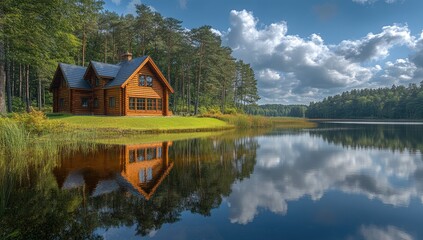 Obraz premium Lakeside Log Cabin Reflection, Sunny Day