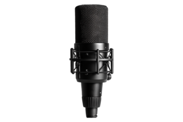 Black studio broadcast microphone isolated on transparent background.