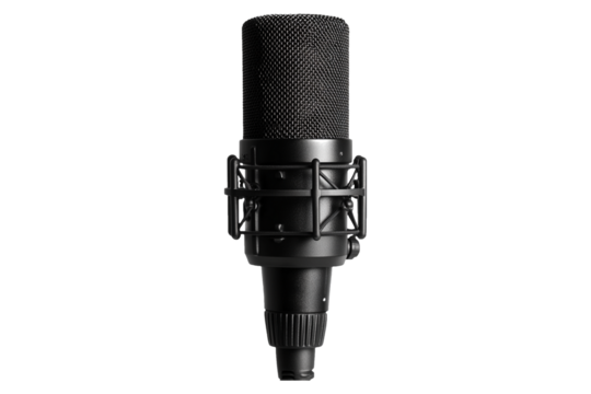 Black studio broadcast microphone isolated on transparent background.
