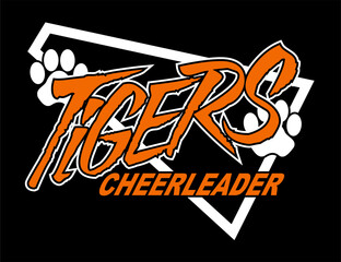 cheerleader team design with megaphone, tigers and paw prints for school, college or league sports