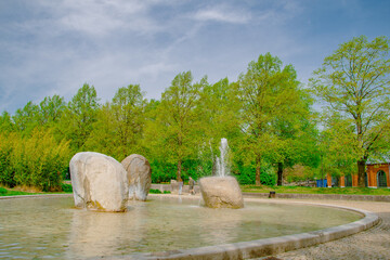Fountain with Rocks in Green Park in Ingolstadt, Germany