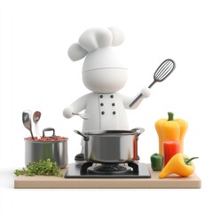 3D chef character preparing a savory meal on a stovetop.