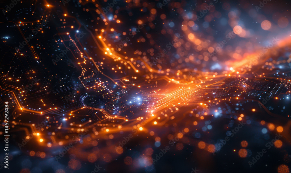 Poster futuristic abstract technology background with glowing circuit board and dynamic energy flow for inn