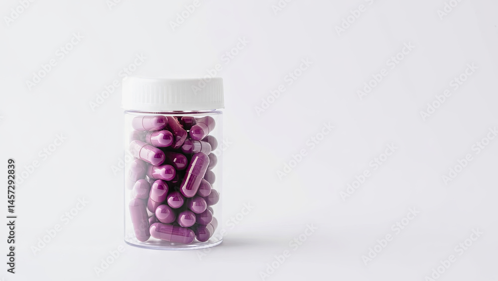 Poster a clear bottle filled with purple capsules is placed on a plain surface. the soft lighting enhances 