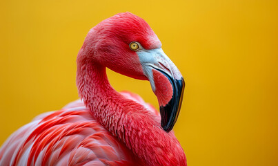 Obraz premium Vibrant Pink Flamingo Against Bold Yellow Background, Close-Up Shot for Tropical and Nature-Themed Projects