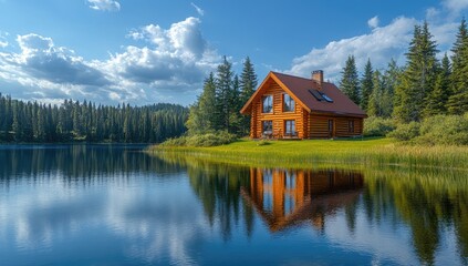 Fototapeta premium Lakeside log cabin, sunny day, forest background, vacation rental