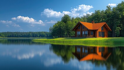 Obraz premium Lakeside log cabin, summer day, tranquil forest