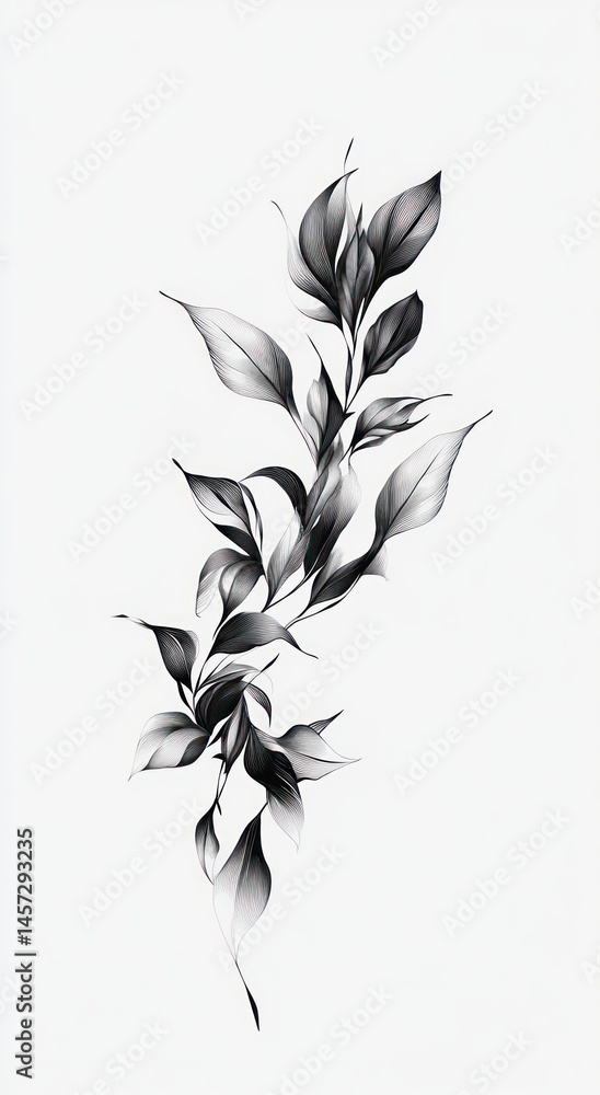 Poster delicate grayscale illustration of a leafy botanical branch, creating a graceful vertical compositio