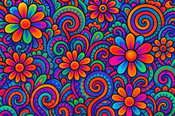 Psychedelic pattern with flowers, spirals and bright gradients	
