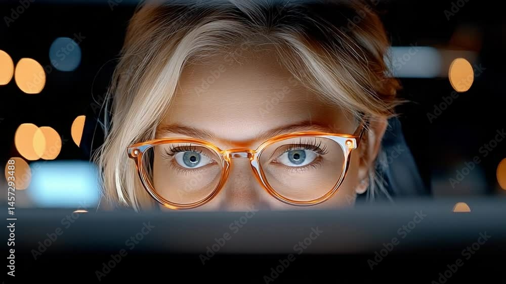 Poster focused woman with glasses working on computer in a cozy environment with warm bokeh background and 