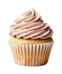Delicious vanilla cupcake with swirled strawberry buttercream frosting, cut out - stock png.