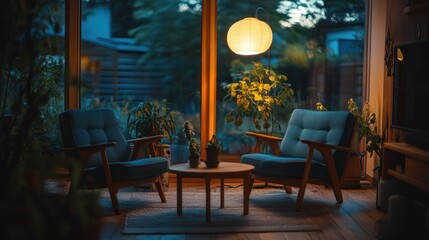 A cozy living space with chairs and natural lighting coming through