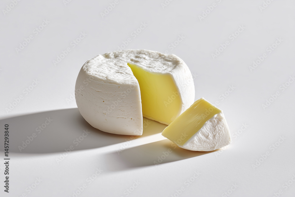 Aufkleber compact cheese spread rests on white surface with soft shadows creating a minimalist aesthetic. clea