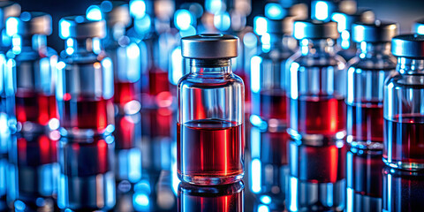 Clear glass vials filled with vibrant red liquid are illuminated by blue lighting, creating an intriguing display in a laboratory setting, showcasing scientific research and discovery