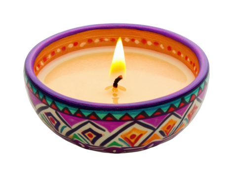 Decorative candle in vibrant patterned ceramics with bright flame, cut out - stock png.