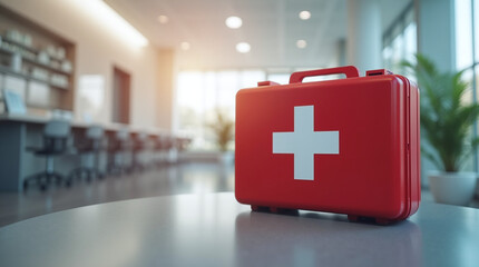 Emergency response essentials office space first aid kit modern environment close-up view health and safety awareness