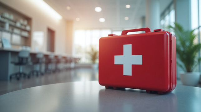 Emergency response essentials office space first aid kit modern environment close-up view health and safety awareness